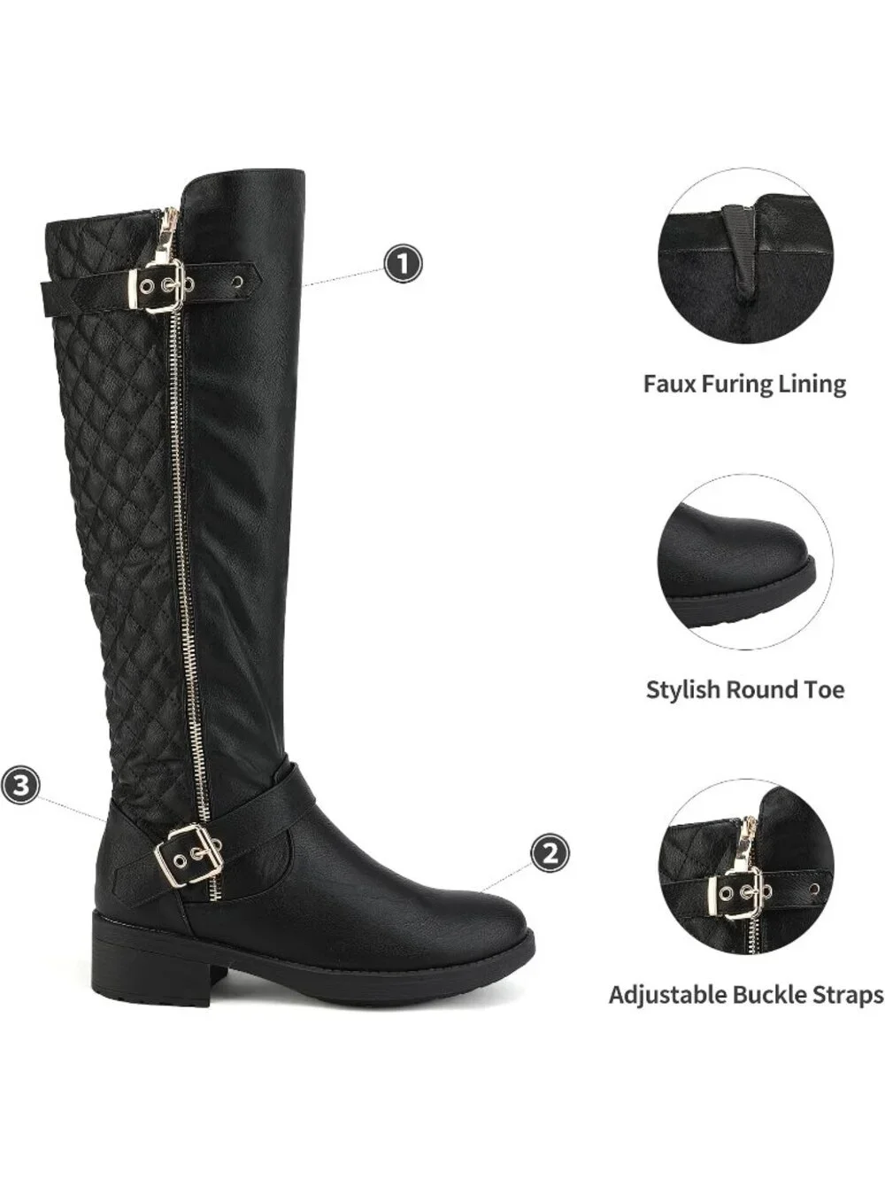 Women's Black Comfortable Chunky Block Heel Round Toe Side Zipper Knee High Boot